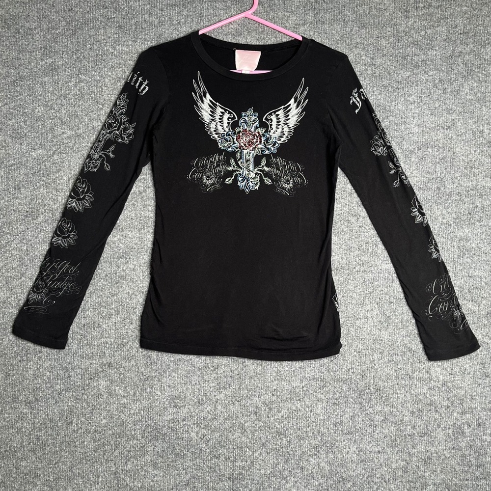 Y2K Romeo & Juliet Couture Black Long Sleeve Winged Cross Rose Rhinestone L